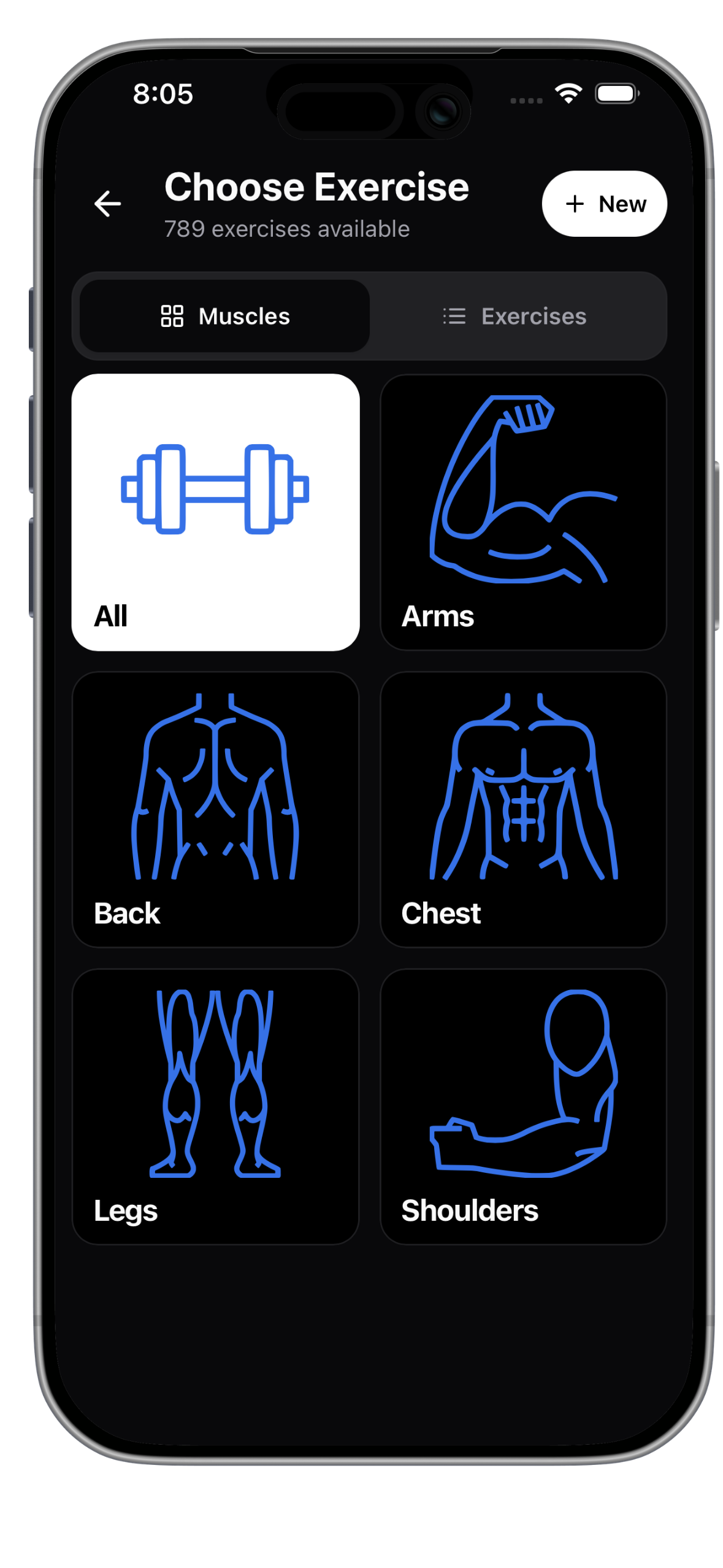 Fitlog choose exercise screen showing muscle group filters